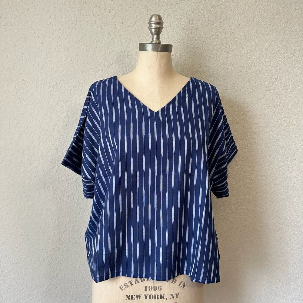 NOONDAY COLLECTION Top Navy Blue Ikat Relaxed Cropped Blouse Boxy NWT
